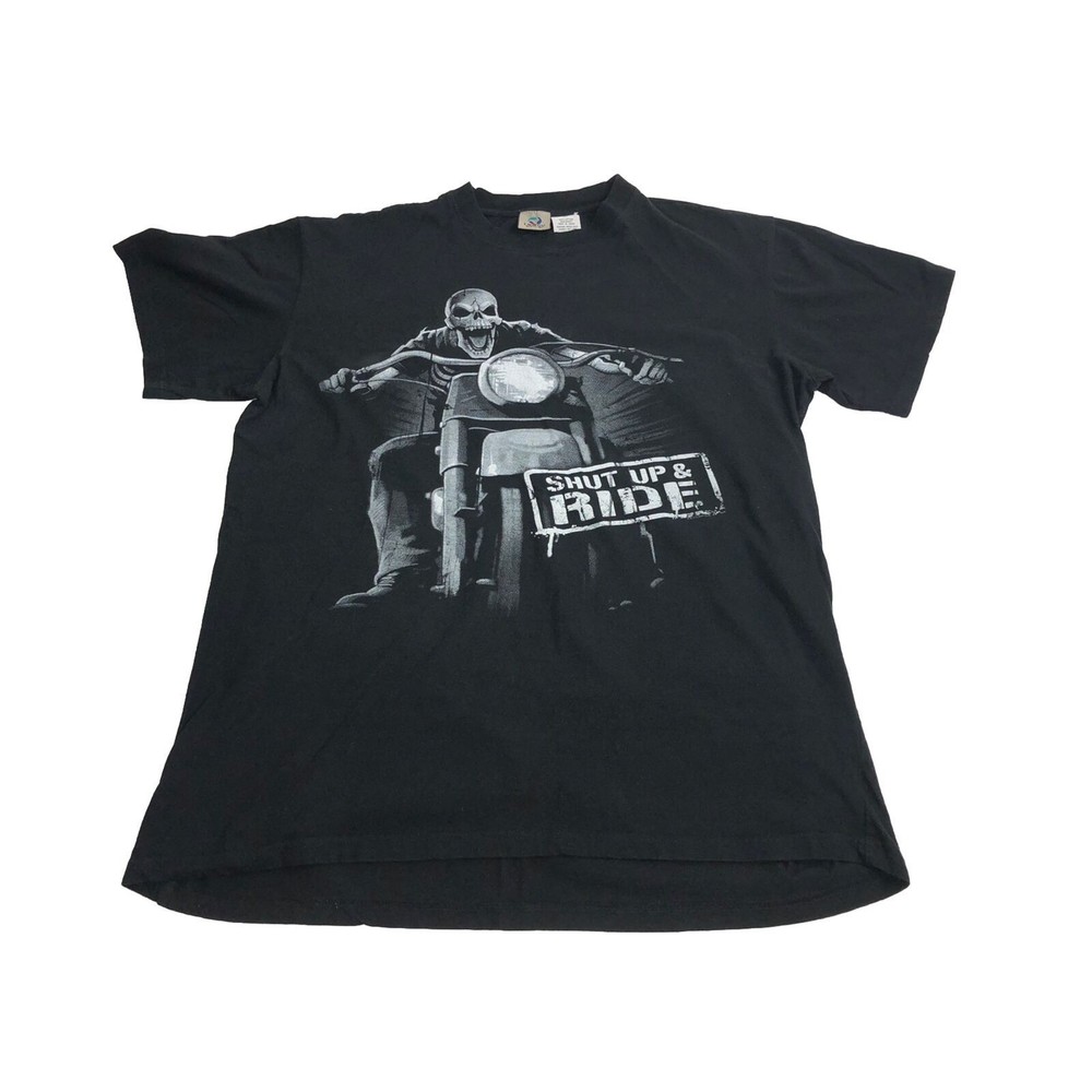 Shut Up and Ride Skeleton Motorcycle Shirt Big XL Tall Black Graphic Tee